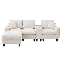 SOFA L-Form 4-Sitzer mit Konsole und 2 USB-Anschlüssen Cord Beige 229/149,5/83 cm - Beige, Textil (229/149.5cm) - OKWISH