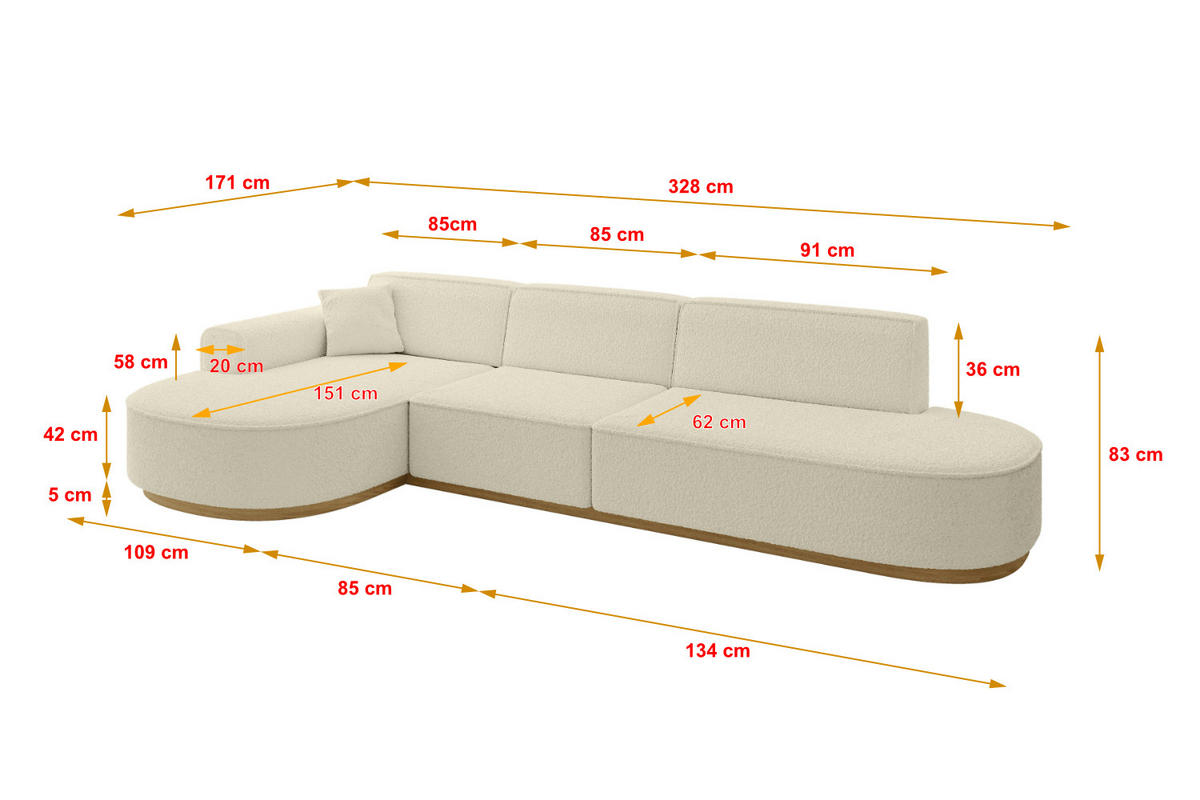 ECKSOFA Ottomane Links MARI-L2-v2 - 328x171x83 cm Beige Bouclé - Beige, Holzwerkstoff/Textil (328/171cm) - ALTDECOR