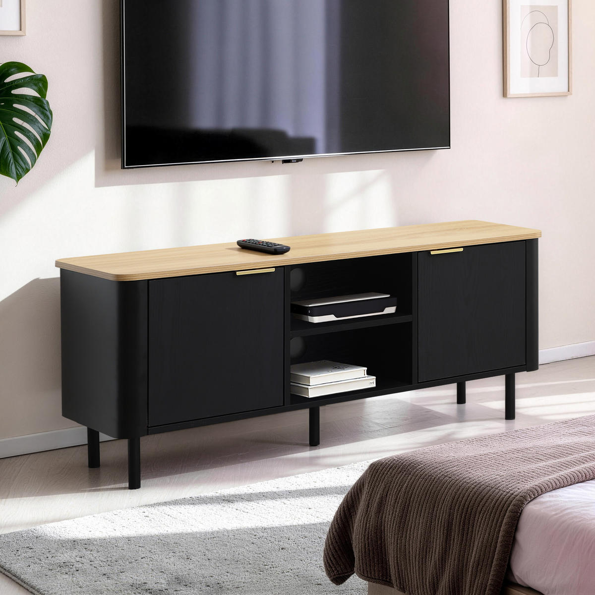 LOWBOARD TV-Schrank Modern, Schwarz & Holz | B120 x T40 x H52 cm - Schwarz, Holzwerkstoff (120/52/40cm) - Hometopia