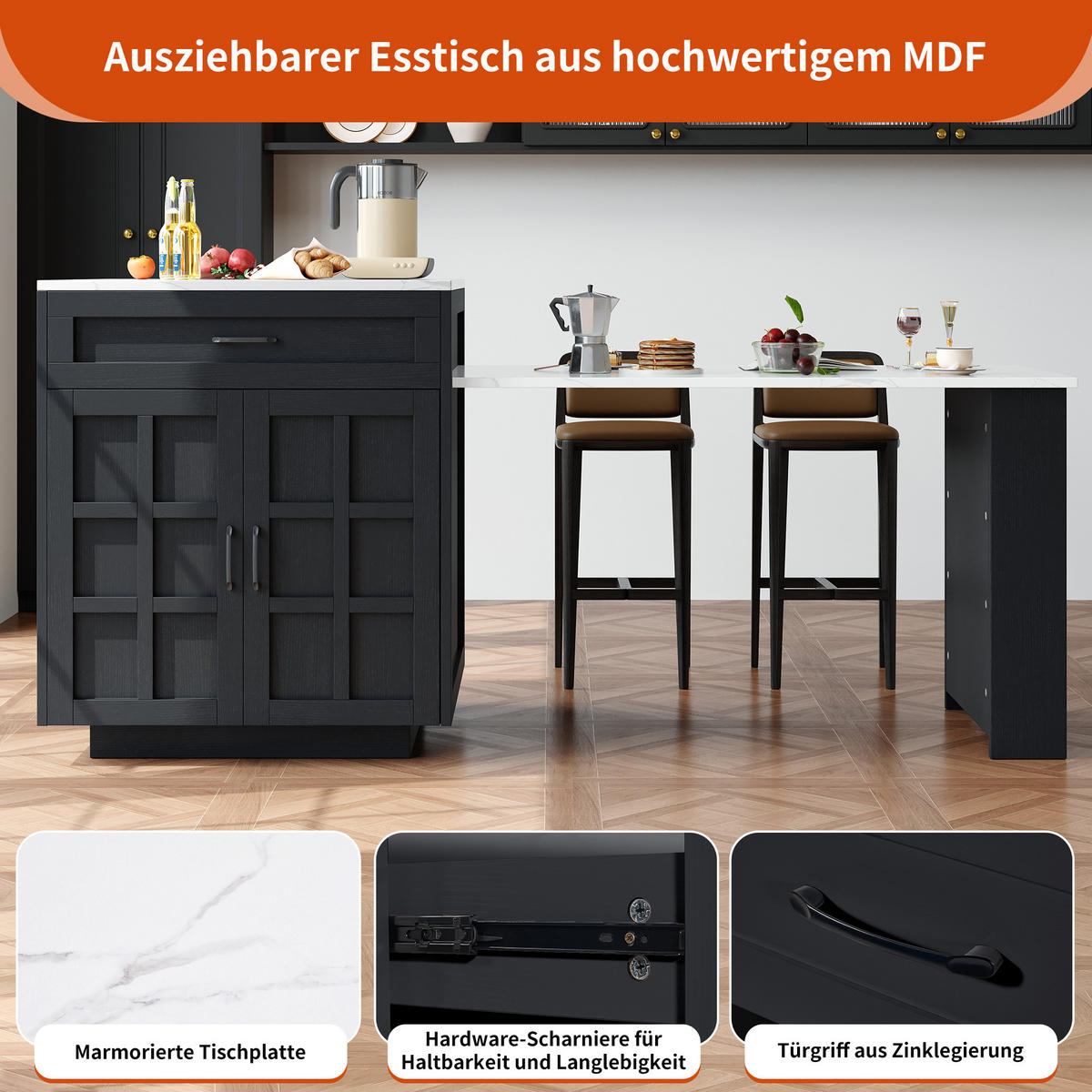 AUSZIEHBARER Bartisch aus MDF mit Stauraum, 133-202/70/93,5 cm, Schwarz - Schwarz, Holzwerkstoff (70/93.5/133cm) - Redom