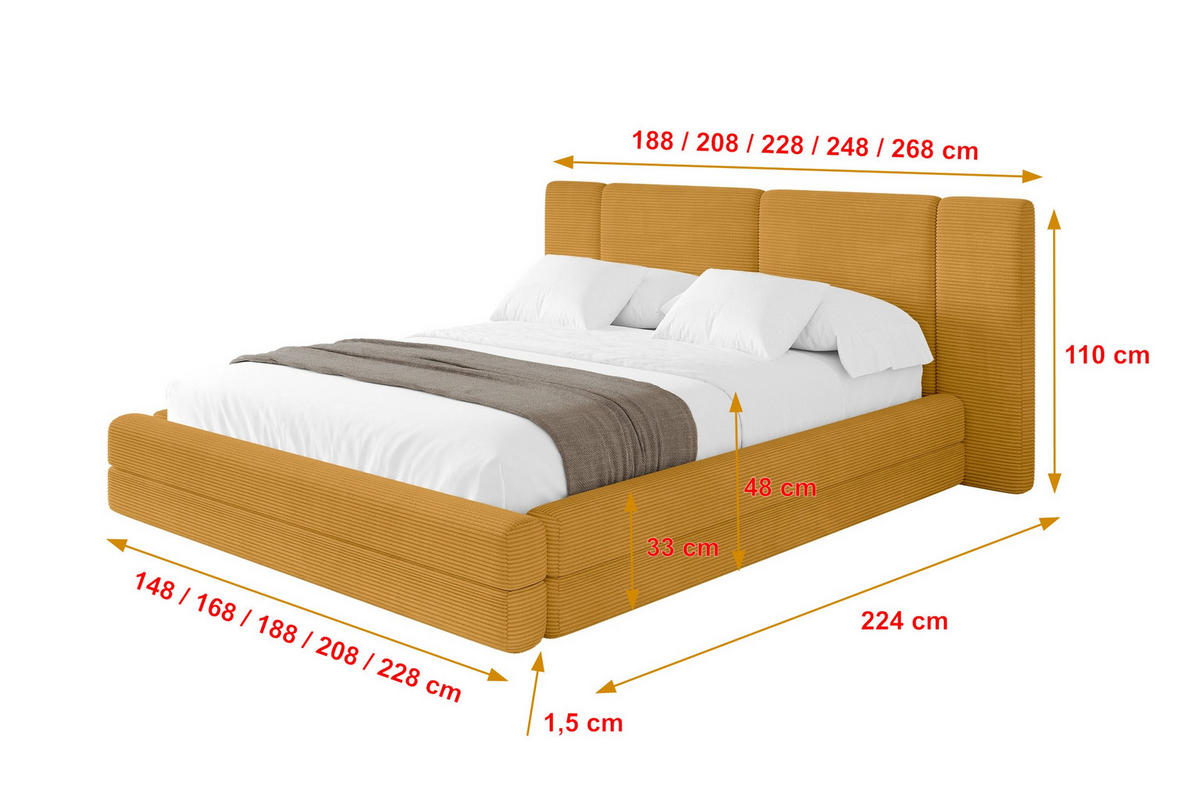 POLSTERBETT mit Bettkasten und Lattenrost, Bett mit Matratze H3/H4 - TEVO 200x200 Senfgelb - Gelb, Holzwerkstoff/Textil (200/200cm) - ALTDECOR