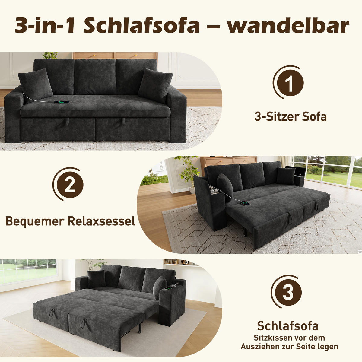 SCHLAFSOFA mit Schlaffunktion, USB, Stauraum, Grau, 210,5/192/93 cm - Grau, Textil (210.5/93/192cm) - EVRYAE