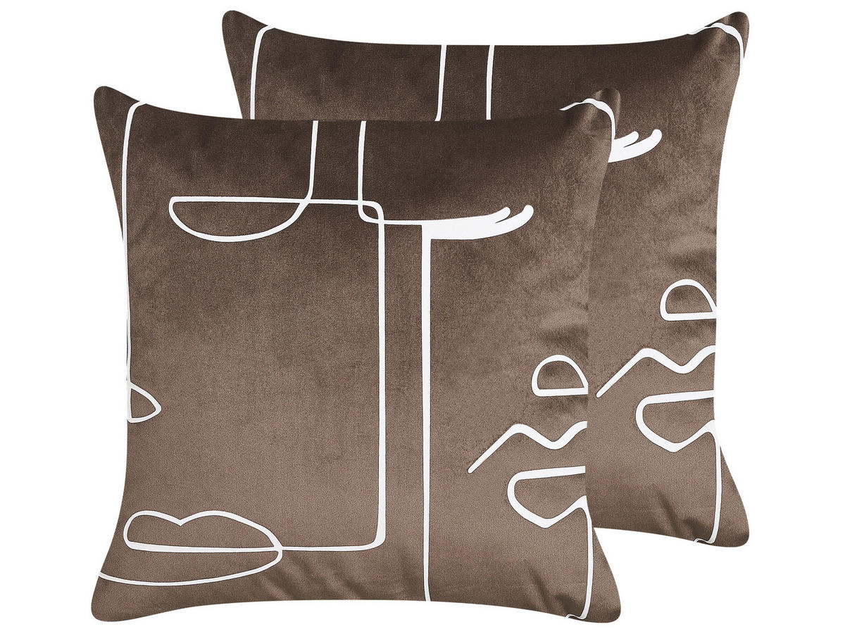 DEKOKISSEN 2er-Set Braun 45/45 cm Philodendron - Braun, Textil (45/45cm) - Beliani