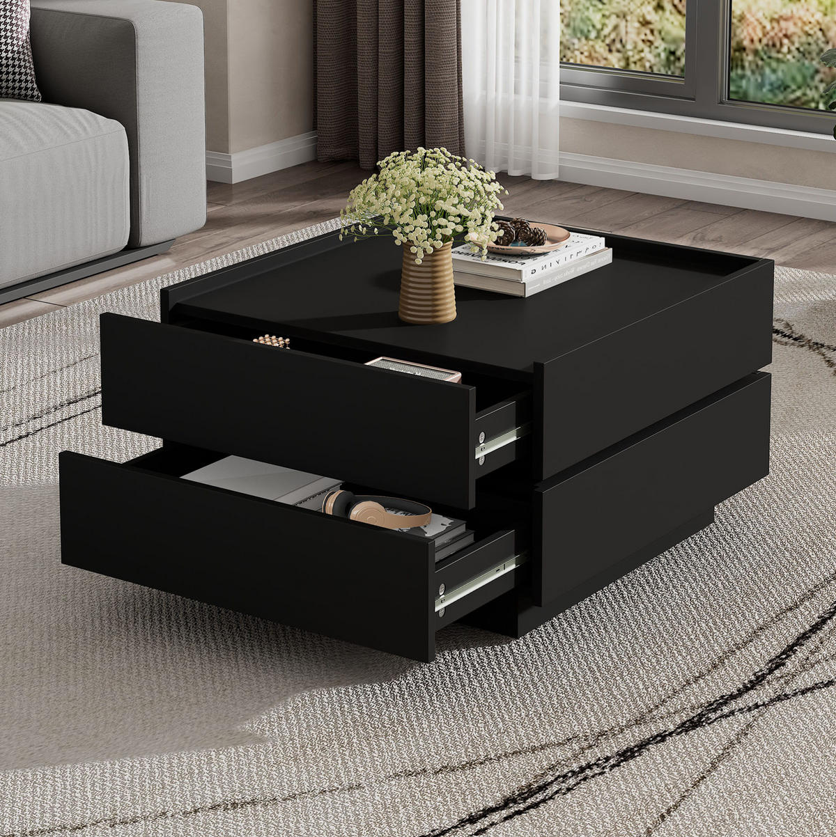 COUCHTISCH aus Spanplatte 60x60x38 cm Schwarz mit 360° drehbarer Tischplatte, 2 Schubladen und umlaufendem Kantenschutz - Schwarz, Holzwerkstoff (60/60/38cm) - Modfu