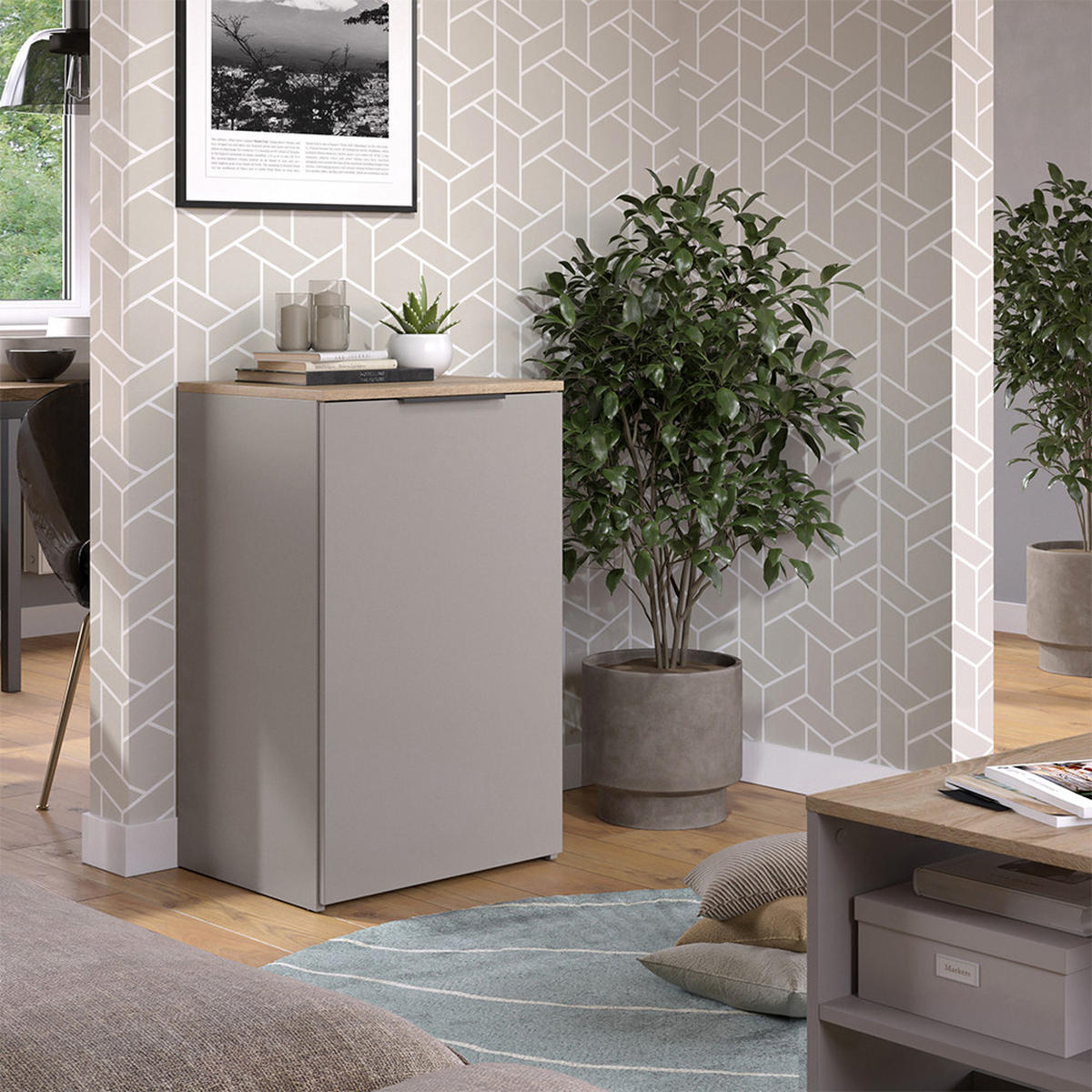 KOMMODE Wido Greige 50 x 80 cm mit Regal - Greige/Sonoma Eiche, Holzwerkstoff (50/80/40cm) - Vicco