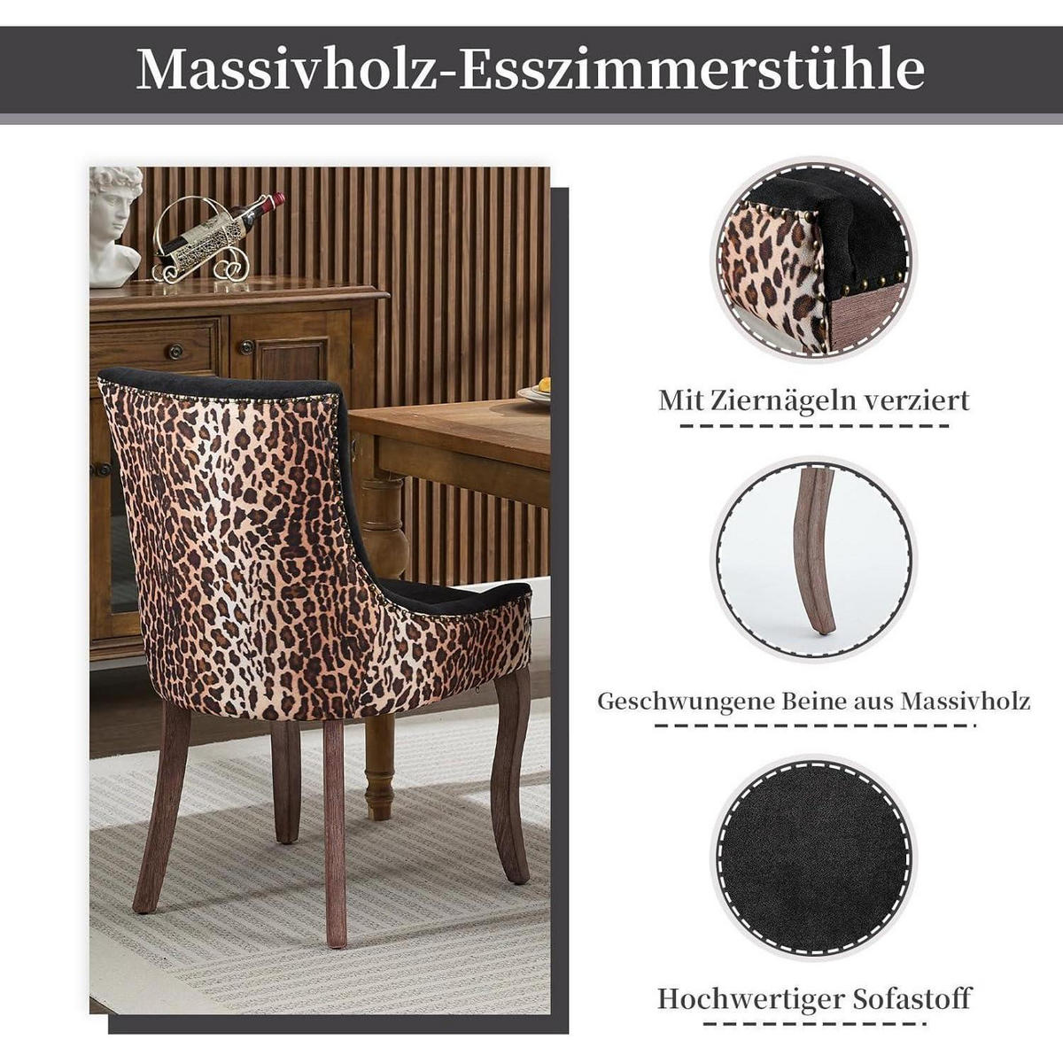 ESSZIMMERSTUHL 6er Set Leopardenmuster Stoff Schwarz - Multicolor, Textil (54.9/92.5/52.8cm)