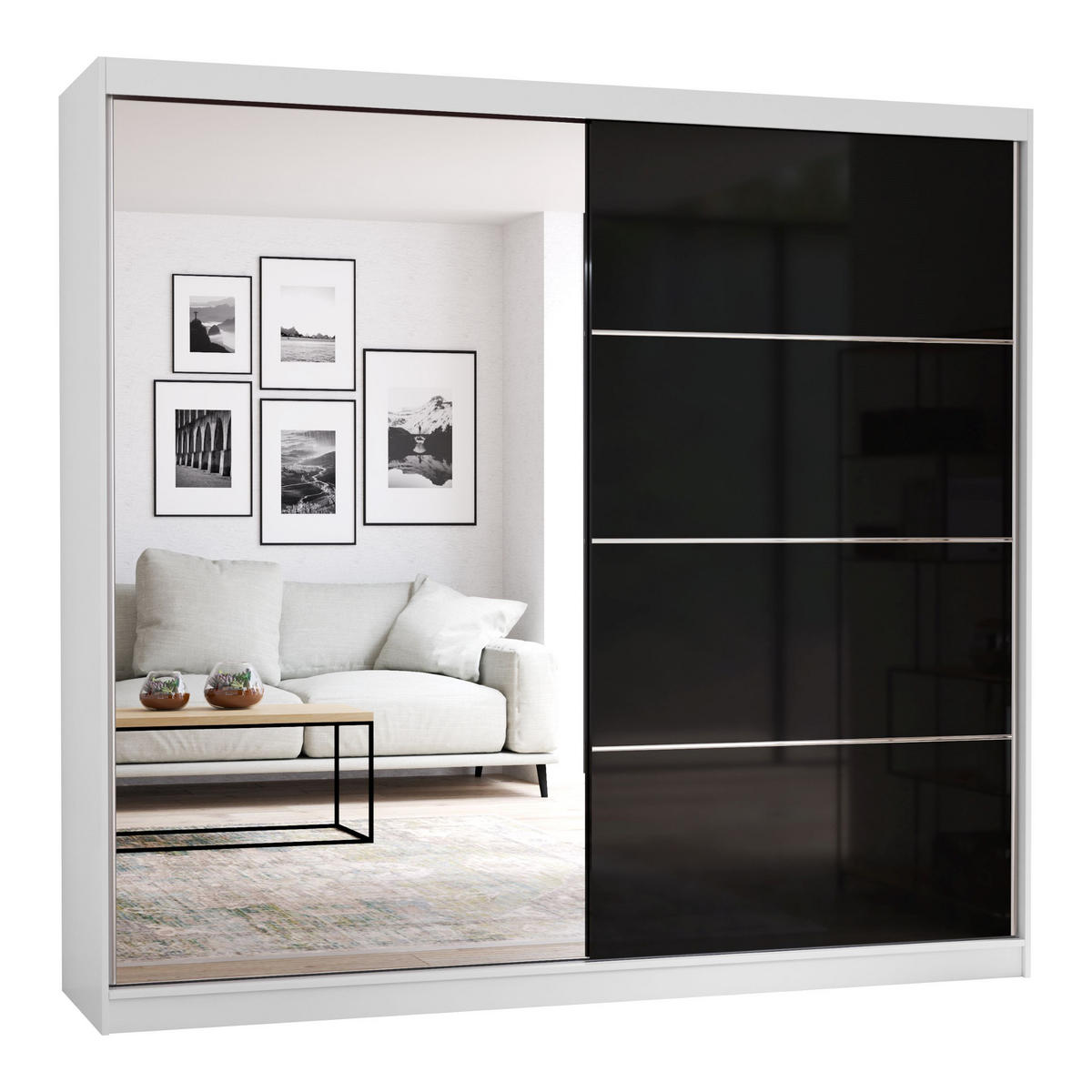 SCHIEBETÜRENSCHRANK - BEN 31 233 CM (Weiß+ Schwarz) - Schwarz/Weiß, Holzwerkstoff/Metall (233/218/61cm) - Möblo