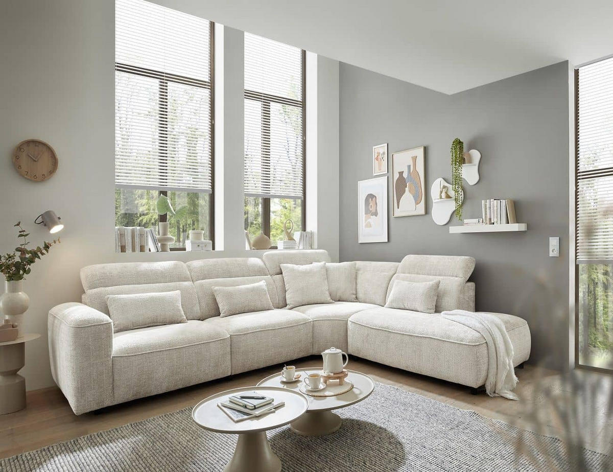 ECKSOFA mit 5-fach verstellbare Kopflehnen und pflegeleichter Mikrofaser-Chenille-Bezug - Schwarz/Weiß, Kunststoff/Textil (285/339cm) - ed exciting design