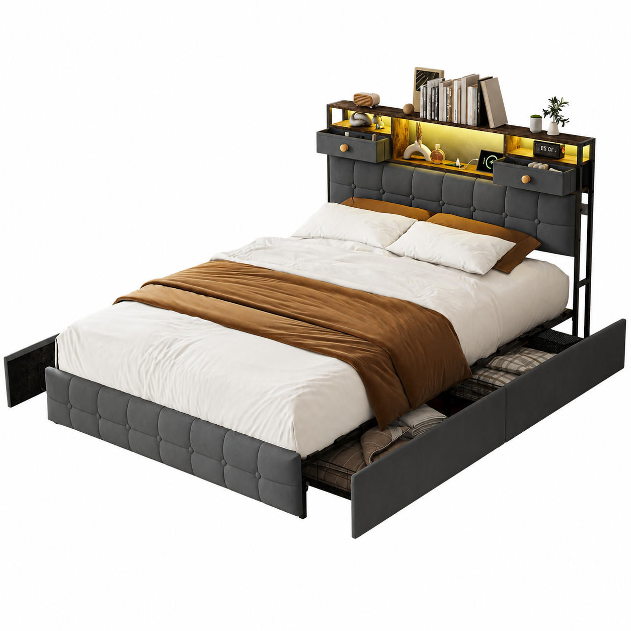 POLSTERBETT 140/200 cm mit Stauraum-Bettkasten, Holz-Ablagekopfteil mit Schubladen, LED & USB, Velours-Bezug - Grau, Holz/Metall (140/200cm) - Joyfair