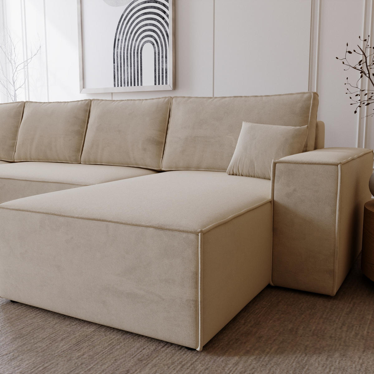 ECKSOFA 380 cm Bergamo U mit Bettkasten, Samt, Beige - Beige, Holz (377/189cm) - Emporius
