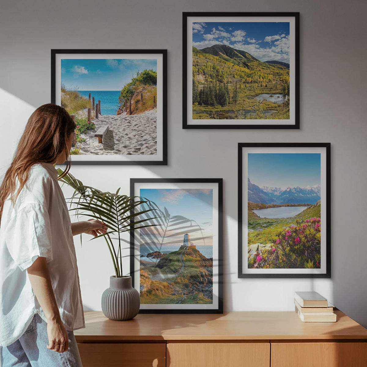 WANDBILDER 4er-Set - 50x50 cm & 40x60 cm Schwarzer Rahmen - Strand, Leuchtturm, Berge, Wiesen, Blumen - Schwarz, Kunststoff (50/50cm) - ArtPrintCave