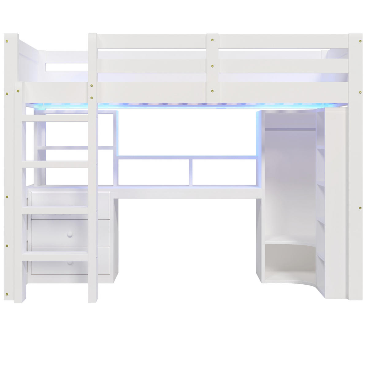 HOCHBETT aus Kiefer 90x200 cm Weiß mit LED-Beleuchtung, Schreibtisch, Kleiderschrank und Schubladen - Weiß, Holzwerkstoff (90/200cm) - Modfu