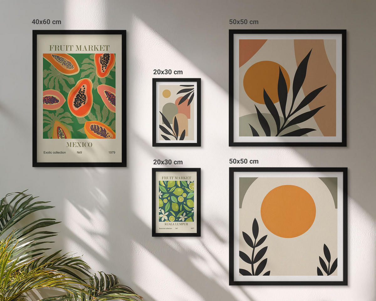 BILDER SET 5er Set - 50x50 cm & 20x30 cm & 40x60 cm Schwarzer Rahmen - Fruchtmuster der italienischen Kultur - Schwarz, Kunststoff (40/60cm) - TULUP