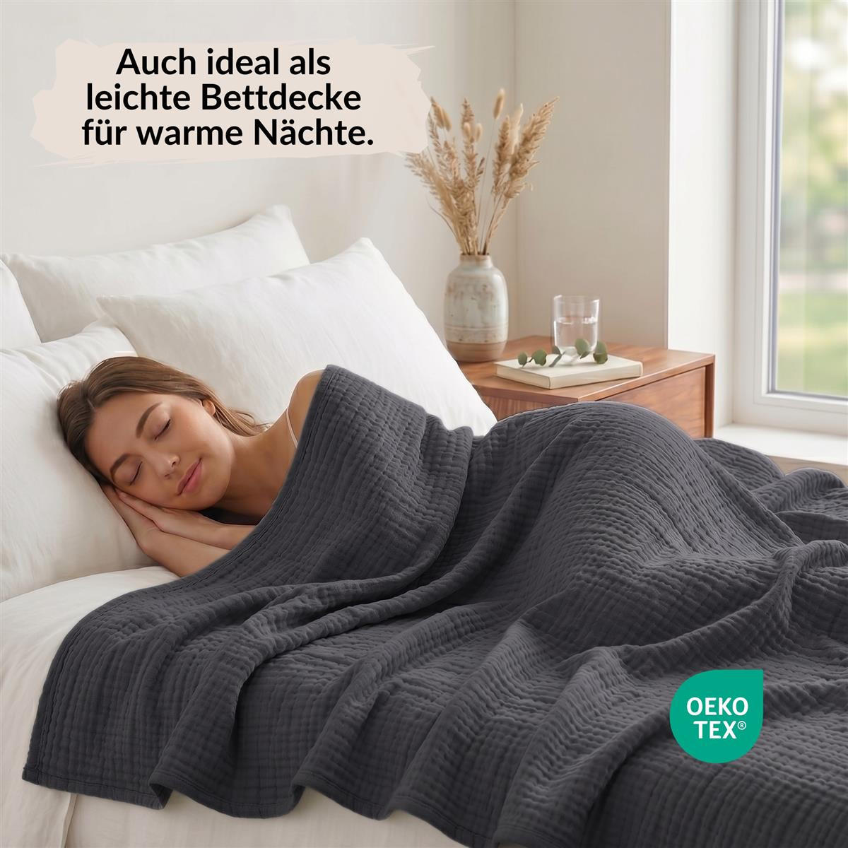 WOHNDECKE Musselin 150 x 200 cm, Leichte Kuscheldecke aus 100% Baumwolle - Nutzbar als Tagesdecke, Plaid oder Decke für Sofa, Couch & Bett - Anthrazit - Anthrazit, Textil (150/200cm) - Carpe Sonno