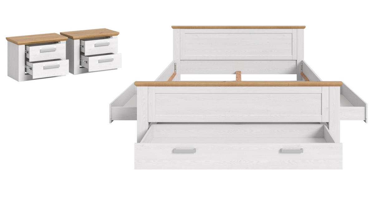 SCHLAFZIMMER weiß Lärche, Eiche Artisan Landhaus Set mit Bett inklusive Bettschubkästen, 2x Nachttisch - Eichefarben/Silberfarben, Holzwerkstoff/Kunststoff (180/200cm) - Inn.Furn