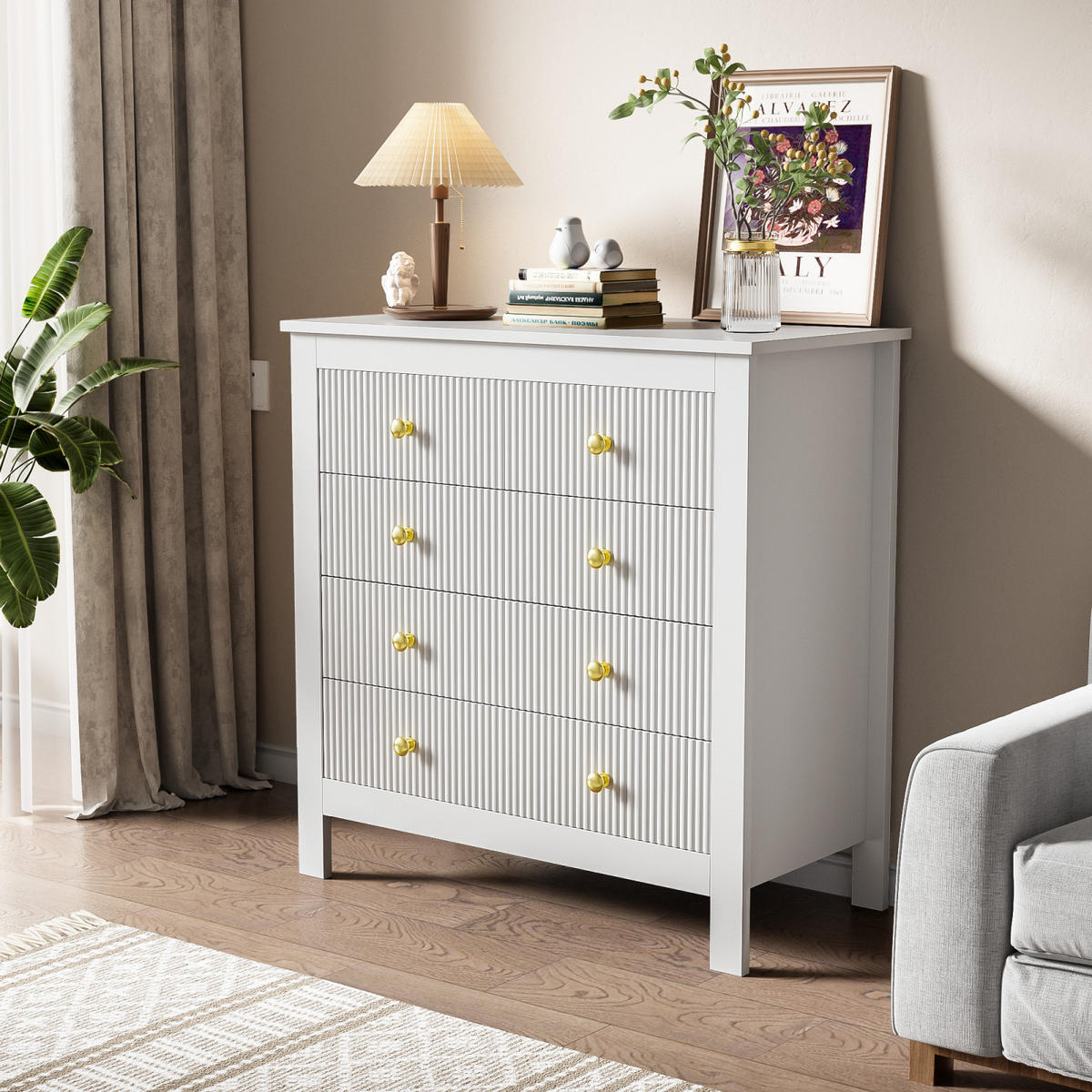 SIDEBOARD Weiß, Goldgriffe, Stauraum, zeitloses Design - Weiß, Holz (79/80/39cm)