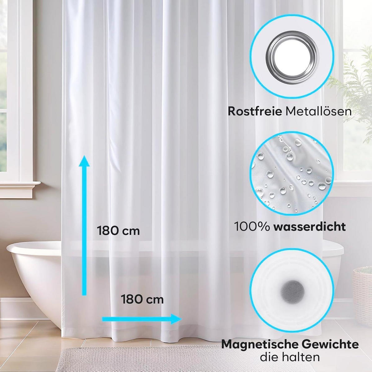DUSCHVORHANG ZENO 180x180 cm Frosted Anti Schimmel PEVA - Weiß, Kunststoff (180/180cm)