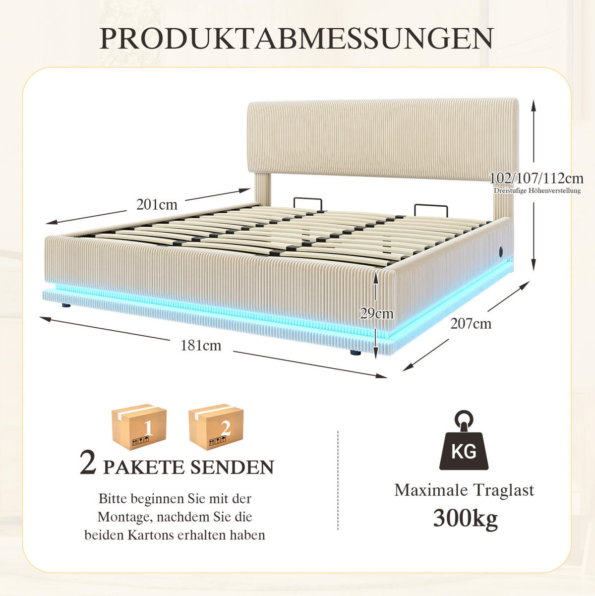 POLSTERBETT 180/200 cm mit LED-Beleuchtung, USB-C-Anschluss, höhenverstellbarem Kopfteil und Stauraum, Beige - Beige, Textil (180/200cm) - Redom