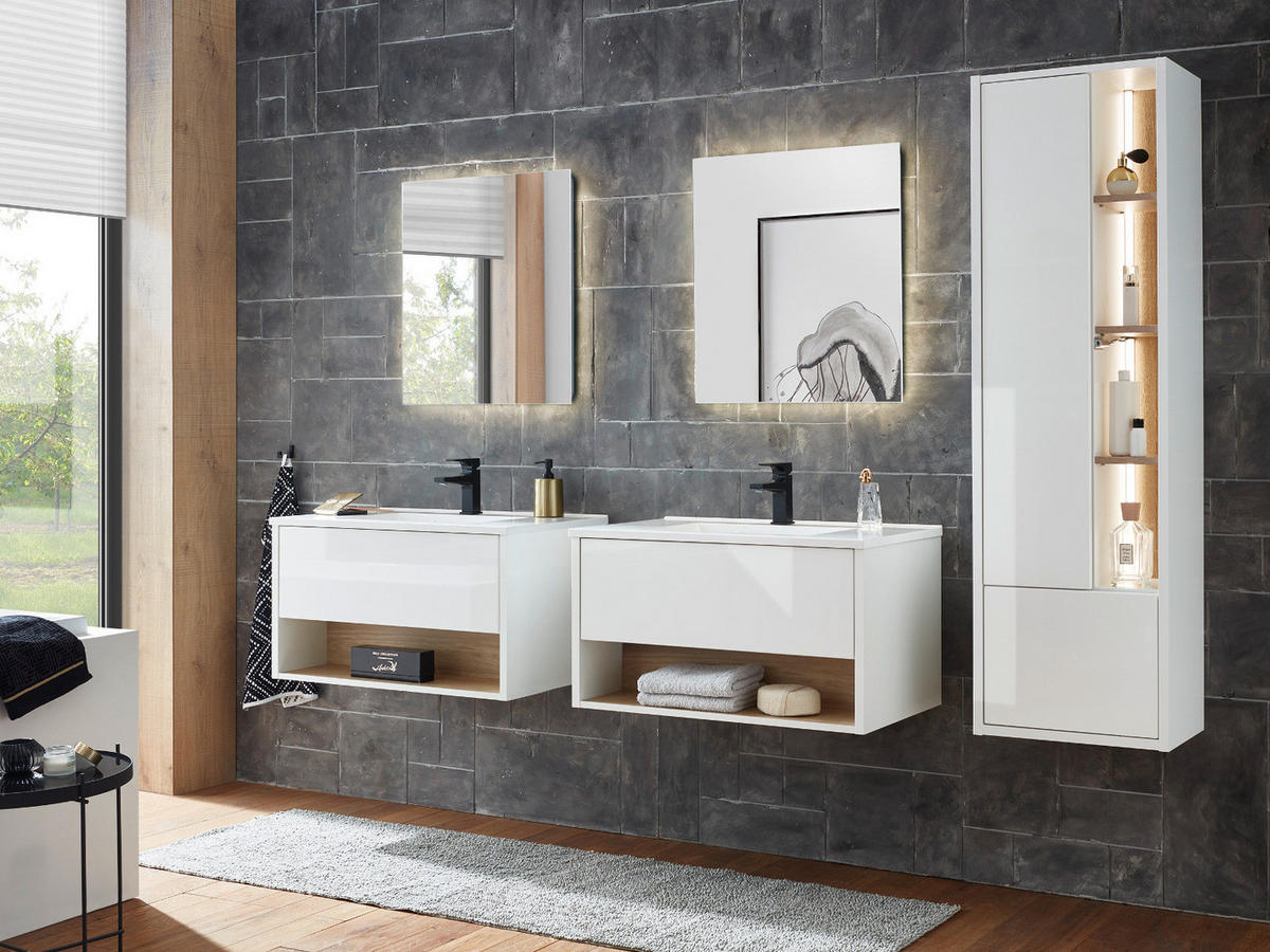 WASCHTISCH weiß Hochglanz, Eiche 80 cm, Waschbeckenunterschrank mit Waschbecken - Weiß Hochglanz, Holzwerkstoff (80/44/47cm) - Furn.Design