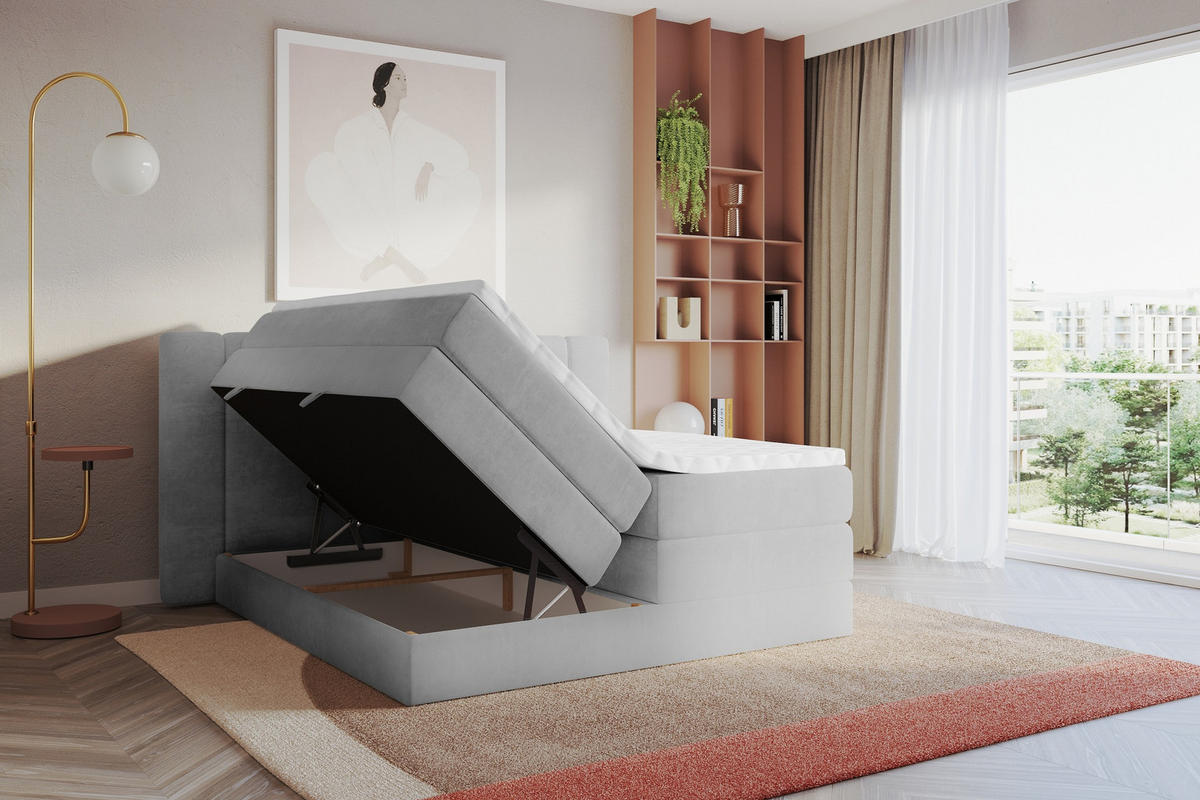 BOXSPRINGBETT mit Matratze H3/H4 - EVON KING - 140x200 cm Grau - Greige, Holzwerkstoff (140/200cm) - ALTDECOR
