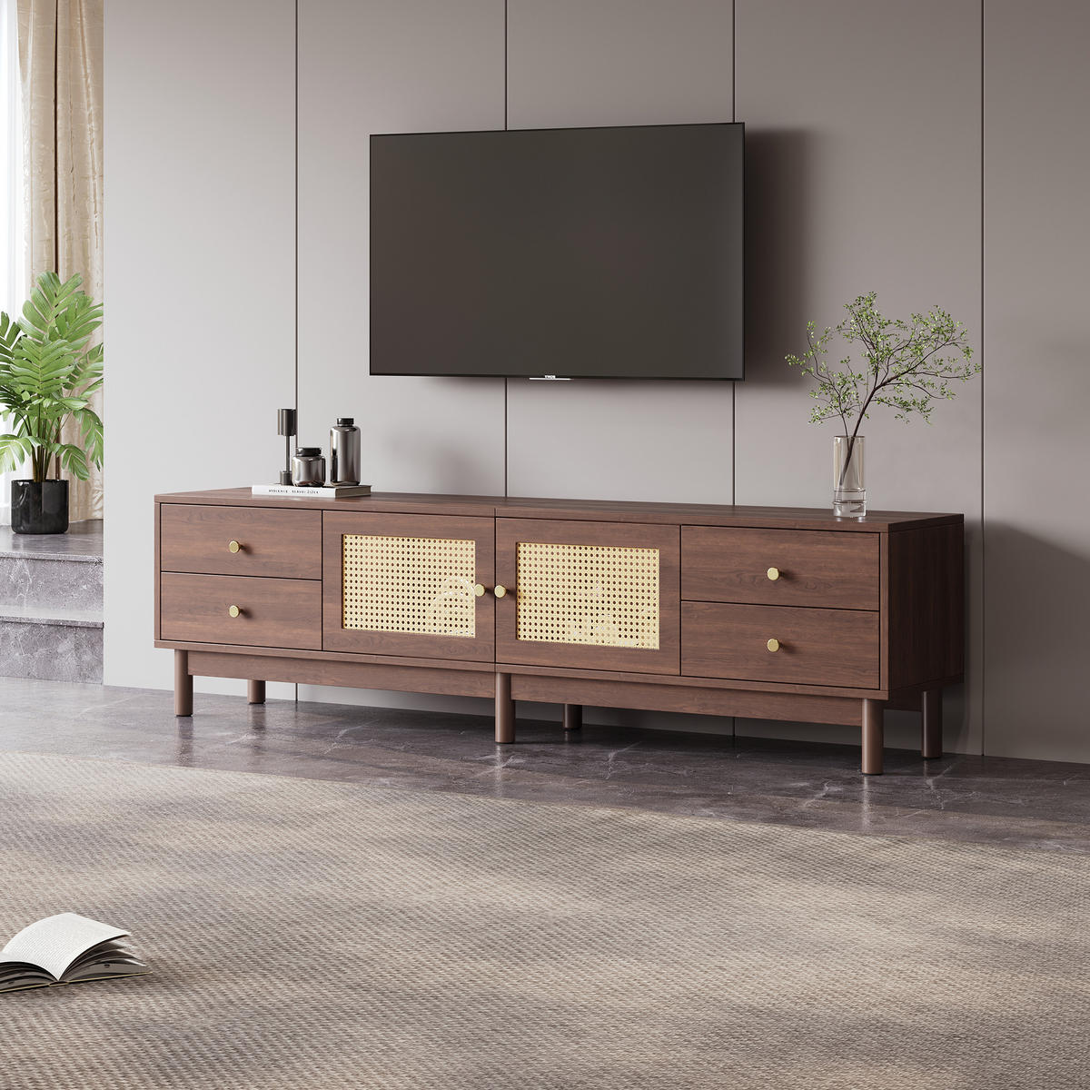 LOWBOARD für 80 Zoll Fernseher mit Rattan Türen & 4 Schubladen, Dunkelholzoptik, MDF/Rattan - Braun, Holz/Holzwerkstoff (180/44/35cm) - EVRYAE