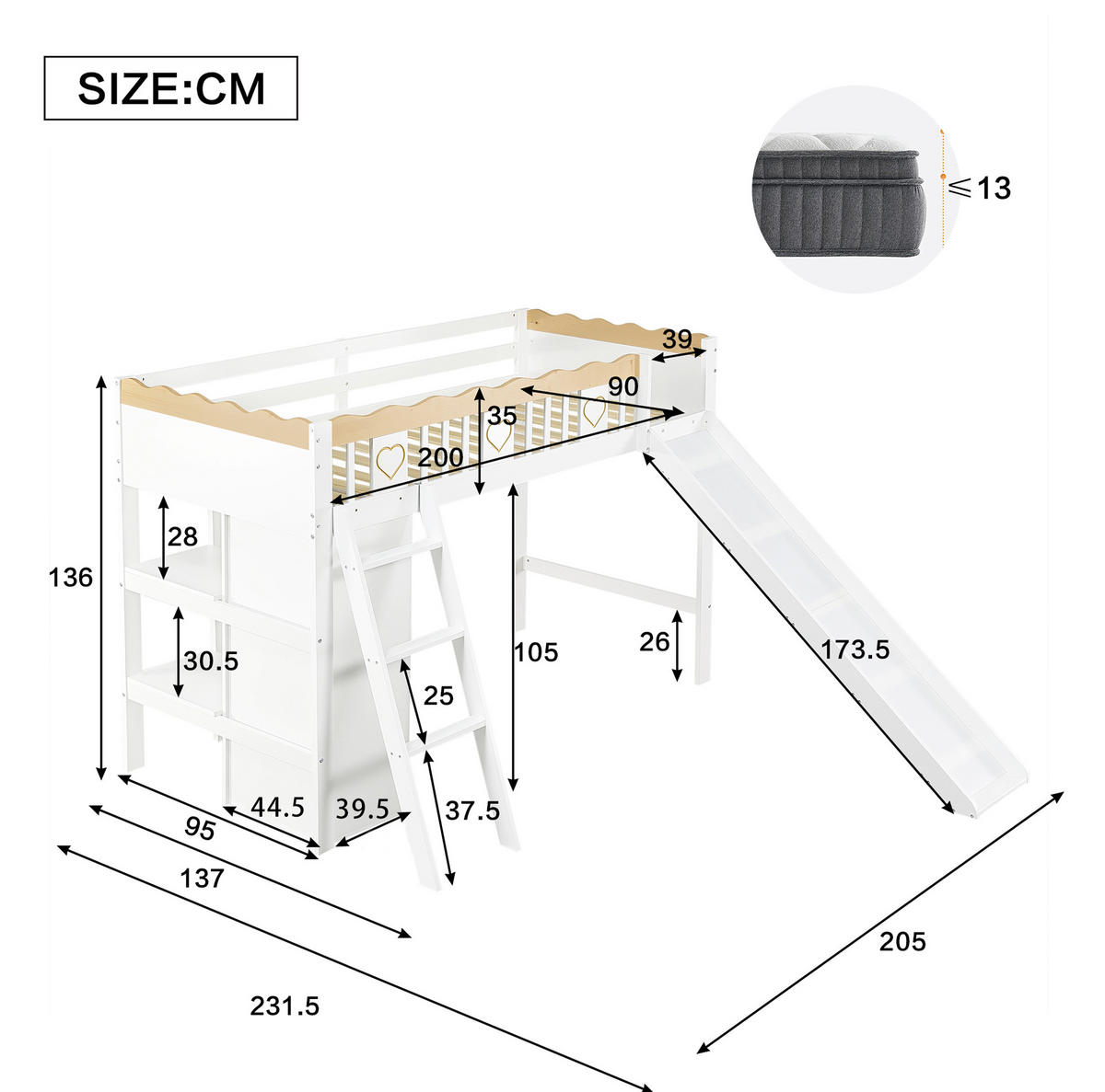 HOCHBETT 90/200 cm Weiß/Natur mit Rutsche und Schrank - Weiß, Holz (90/200cm) - Flora Grace