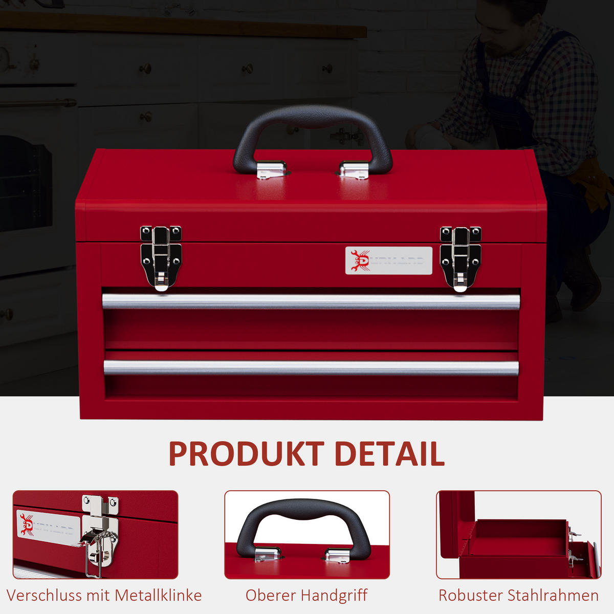 WERKZEUGKOFFER leer, 46 x 24 x 22 cm Werkzeugkasten mit 2 Schubladen Rot - Rot, Metall (24/22/46cm) - DURHAND