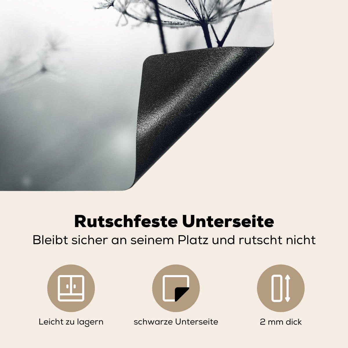 HERDABDECKPLATTE Blumen - Winter - Schnee - Natur Ceranfeldabdeckung 59x52 cm - Grau, Kunststoff (59/52/0.2cm) - MuchoWow