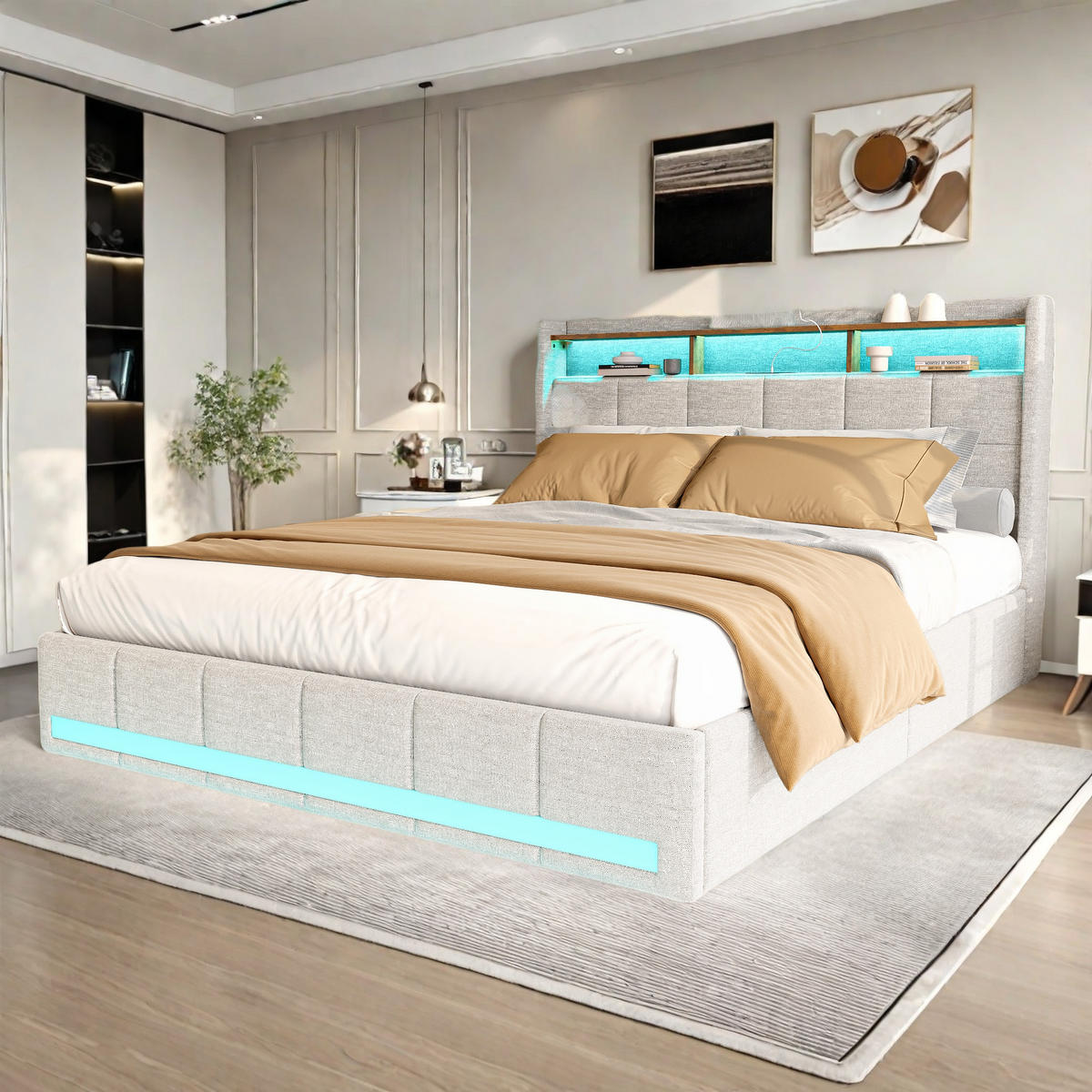 ČALÚNENÁ posteľ 140x200 cm béžová ľanová LED USB 4 zásuvky - béžová, kov - SHOPENTRA