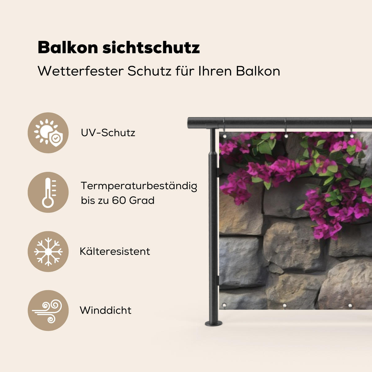 BALKON-SICHTSCHUTZ Bougainvillea - Steinmauer - Rosa - Magenta, Kunststoff (500/100cm) - MuchoWow
