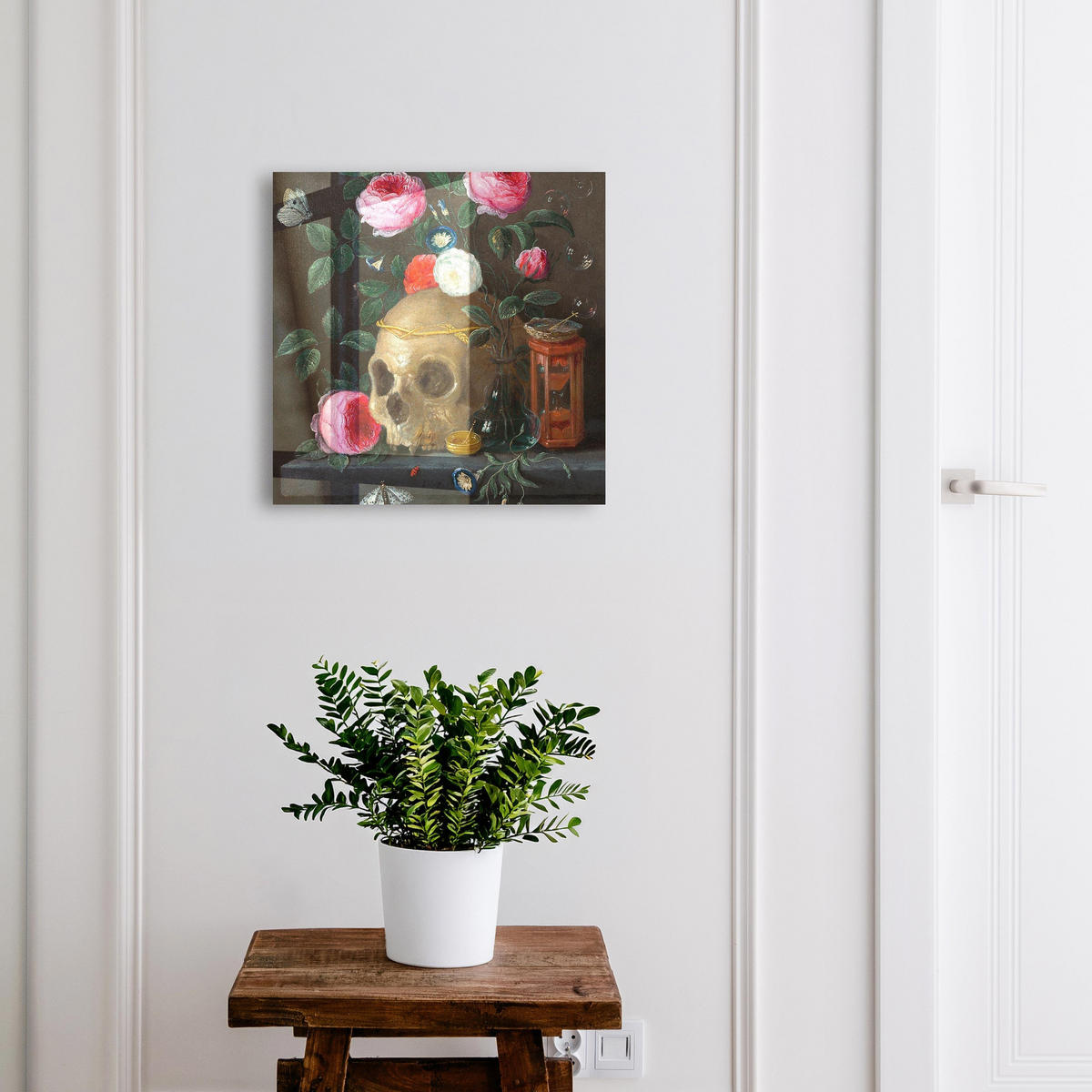 SCHLÜSSELBOX Schwarz 30x30 cm- Türöffnung nach rechts - Totenkopf und Blumen - Grün, Metall (30/30/5cm) - TULUP
