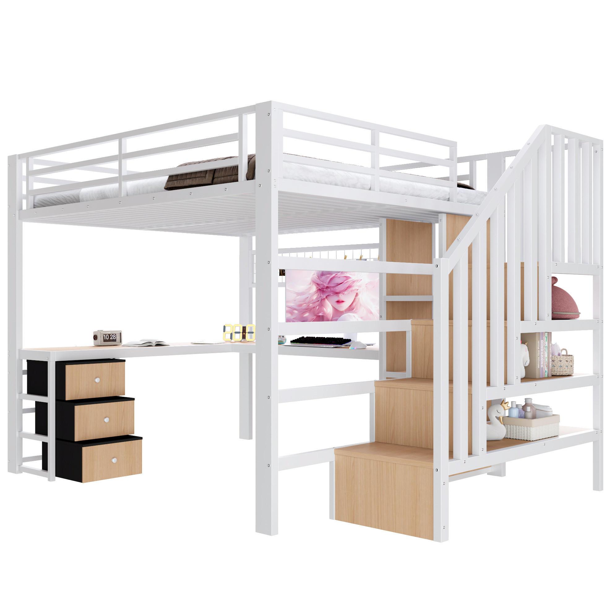 HOCHBETT 140/200 cm Weiß mit LED und Schreibtisch - Weiß, Metall (140/200cm) - MIVRAY