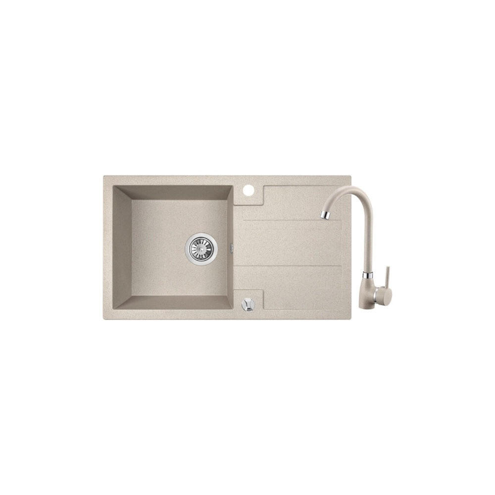 SPÜLEN-SET Barbados Beige, 3-teilig, Einzelbecken, mit Armatur, 44/76/19,4 cm - Beige, Stein (44/19.4/76cm) - bad land