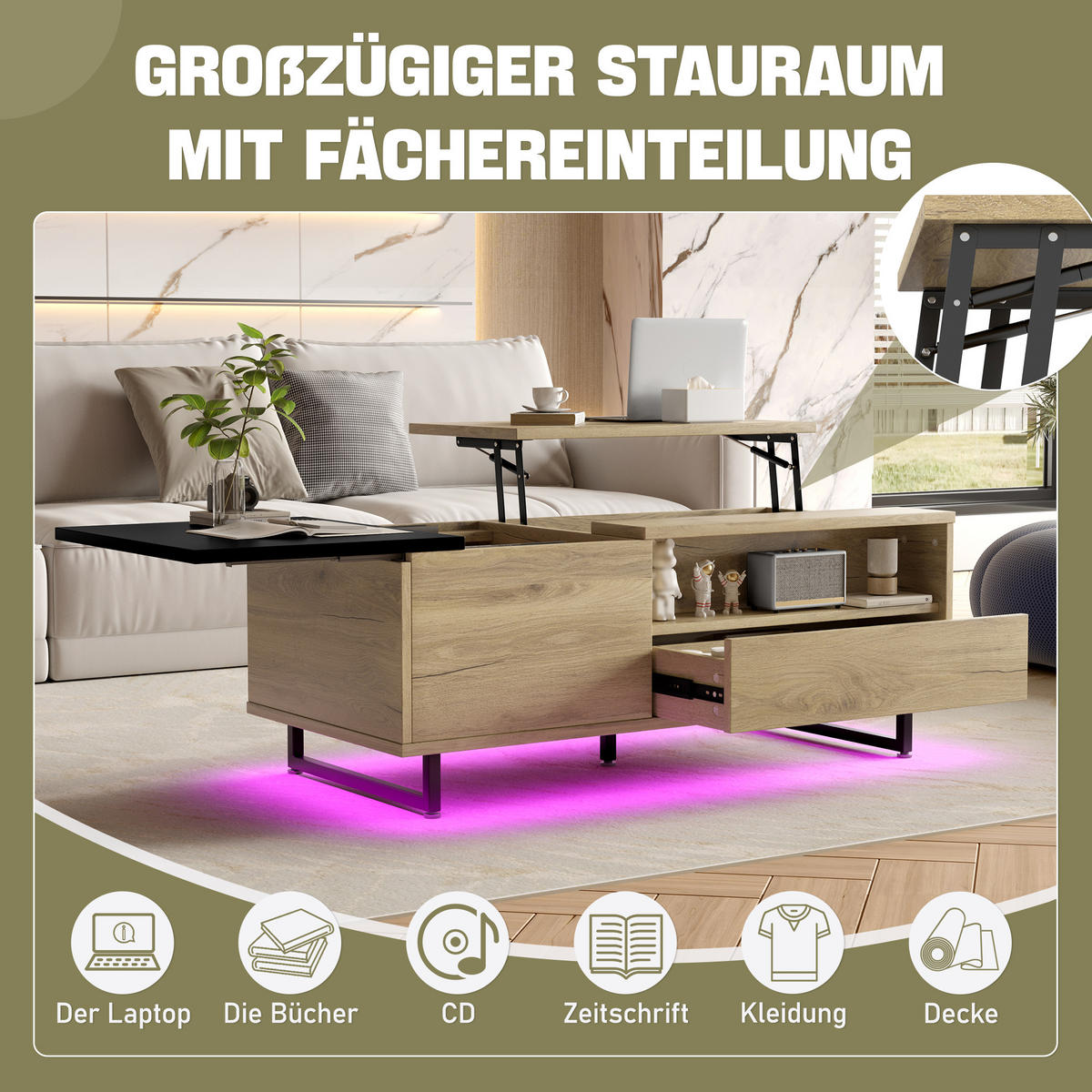 COUCHTISCH Natur Holzwerkstoff höhenverstellbar mit LED-Bodenlicht und vielfältigem Stauraum - Naturfarben, Holzwerkstoff (50/106.5/27.5cm) - Luhomfu