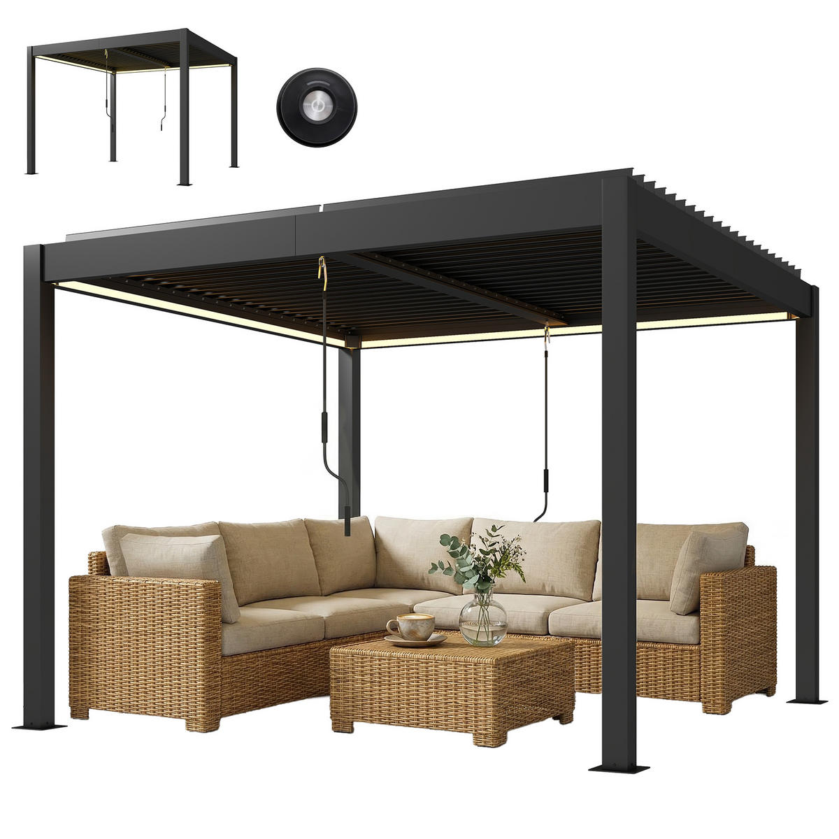 PERGOLA 3x3 m Aluminium Terrassenüberdachung mit LED-Beleuchtung Fernbedienung verstellbar Lamellendach - Dunkelgrau, Metall (300/250/300cm)