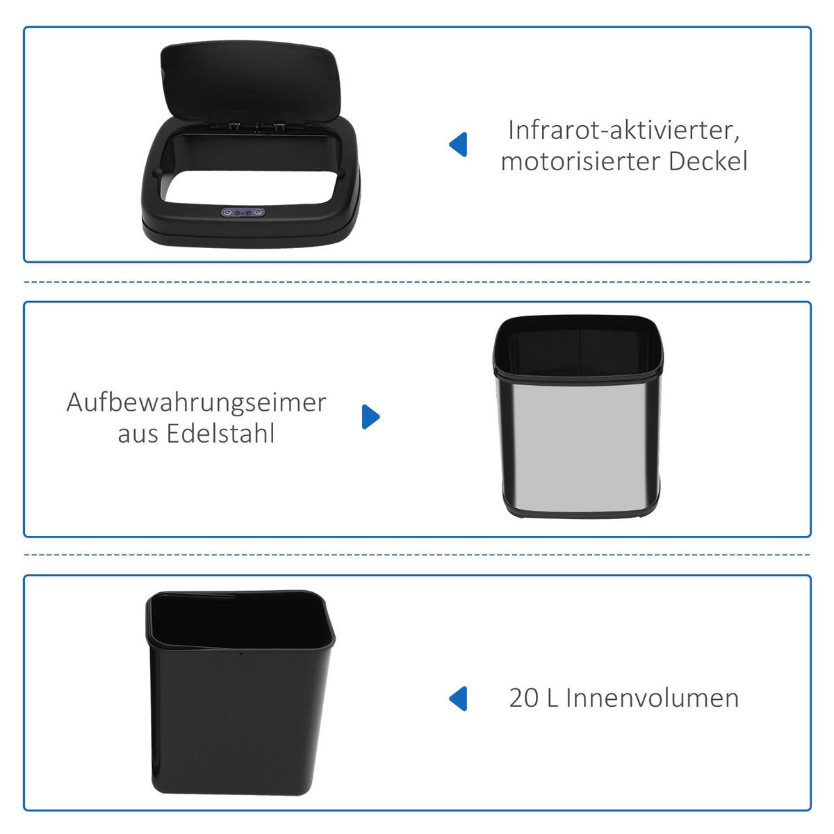 MÜLLEIMER 20L 33/42,5/25 cm Edelstahl Silber-Schwarz MIT BEWEGUNGSSENSOR Küche - Silberfarben, Metall (25/42.5/33cm) - Rolipo