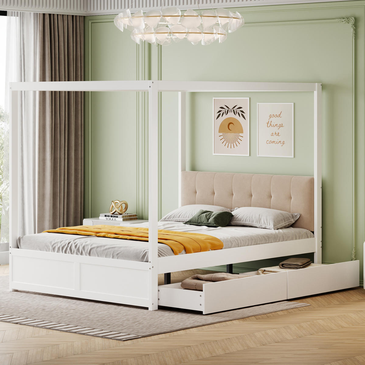 KINDERBETT 140/200 cm mit Zeltstruktur, gepolsterter Rückenlehne und 2 Schubladen, Weiß - Weiß, Holzwerkstoff (140/200cm) - Redom