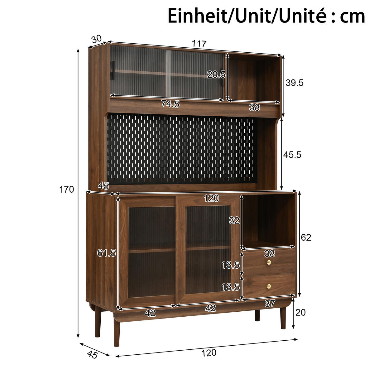 KÜCHENBUFFET mit Riffelglas, Schubladen und Fächern - Walnussfarben, Holzwerkstoff (117/170/30cm) - FLIEKS