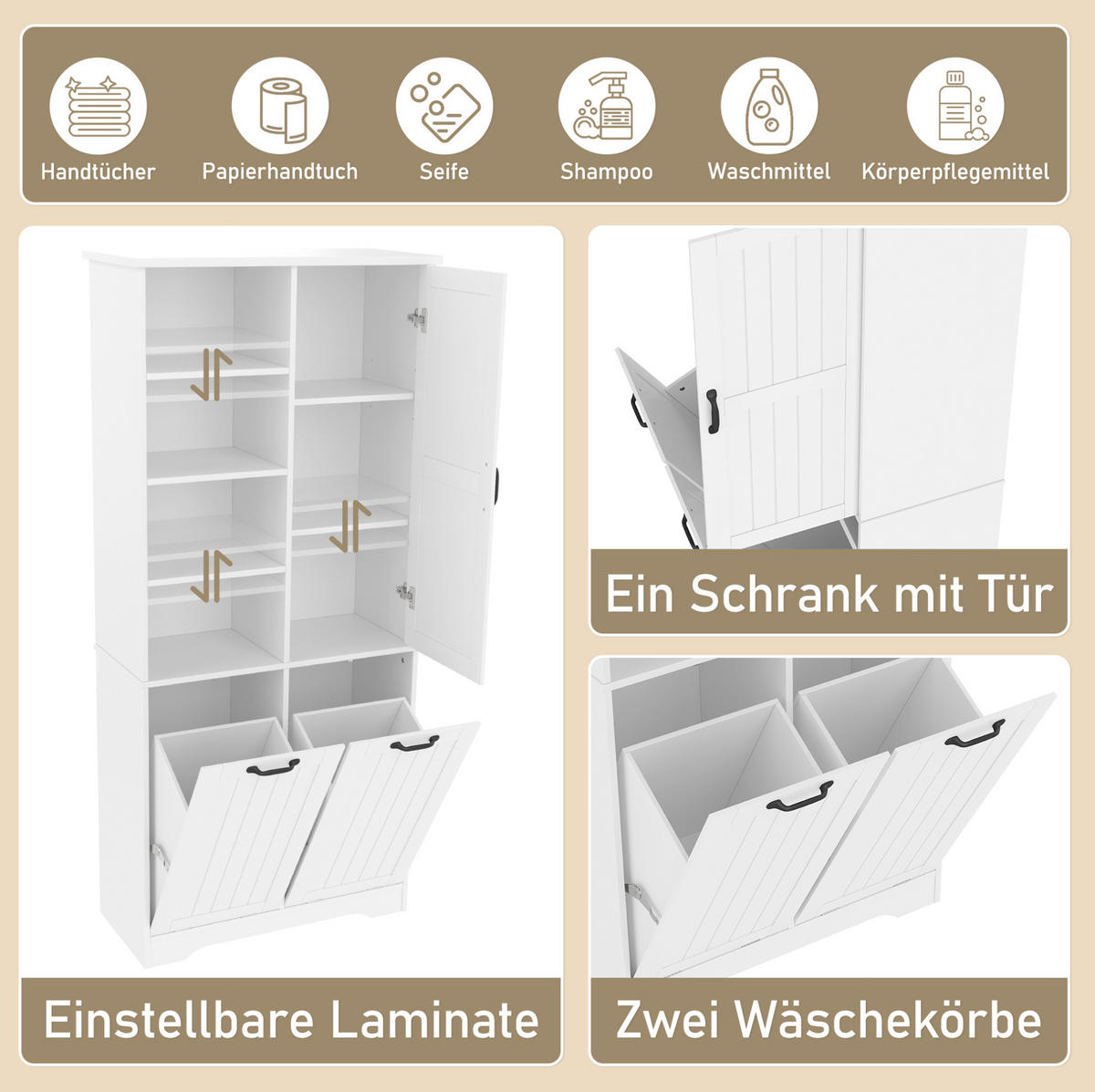 HOCHSCHRANK 78/35/172,7 cm aus MDF mit doppeltem Wäschekorb Weiß - Weiß, Holzwerkstoff (78/172.7/35cm) - Modenvie