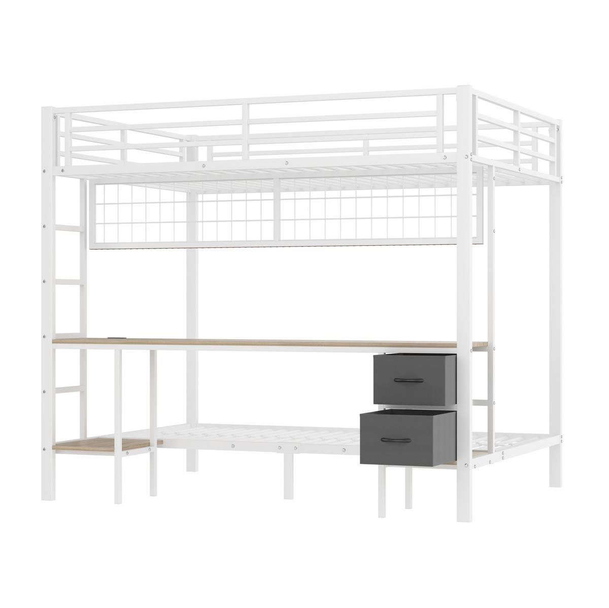 HOCHBETT 140/200 cm mit Schreibtisch, Schubladen, Ablagen, LED-Leiste und USB-Anschluss, Weiß - Weiß, Metall (140/200cm) - Redom