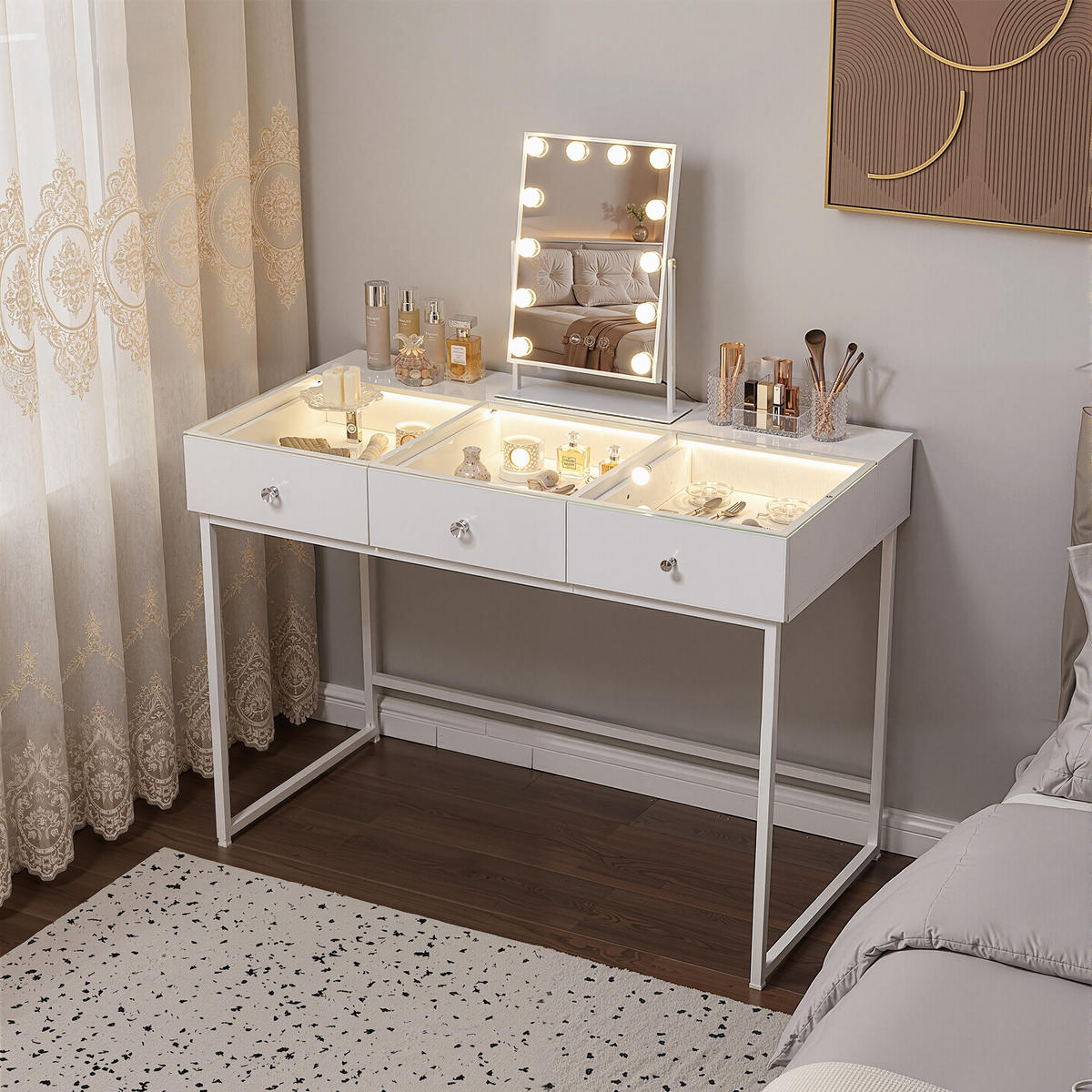 SCHMINKTISCH mit 3 Schubladen 115/55/81 CM und LED Beleuchtung Schminkspiegel Lichtleiste weiß 30/41 cm - Weiß, Holz (55/81/115cm) - VANITII