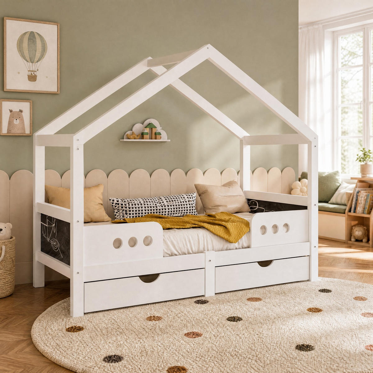 HAUSBETT 90/200 mit Schubladen und Tafel in Weiß - Weiß, Holzwerkstoff (90/200cm) - EVRYAE
