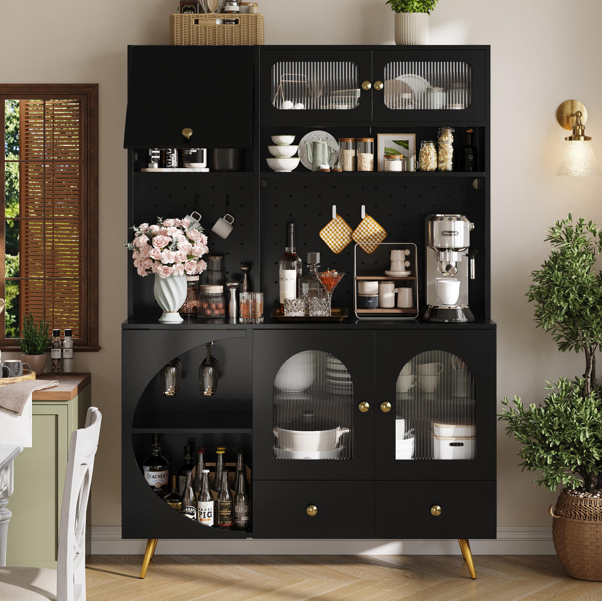 ANRICHTE Küchenschrank 120/40/176 cm aus MDF und Glas mit LED-Beleuchtung und Steckdosenleiste Schwarz - Schwarz, Holzwerkstoff (120/176/40cm) - Modenvie