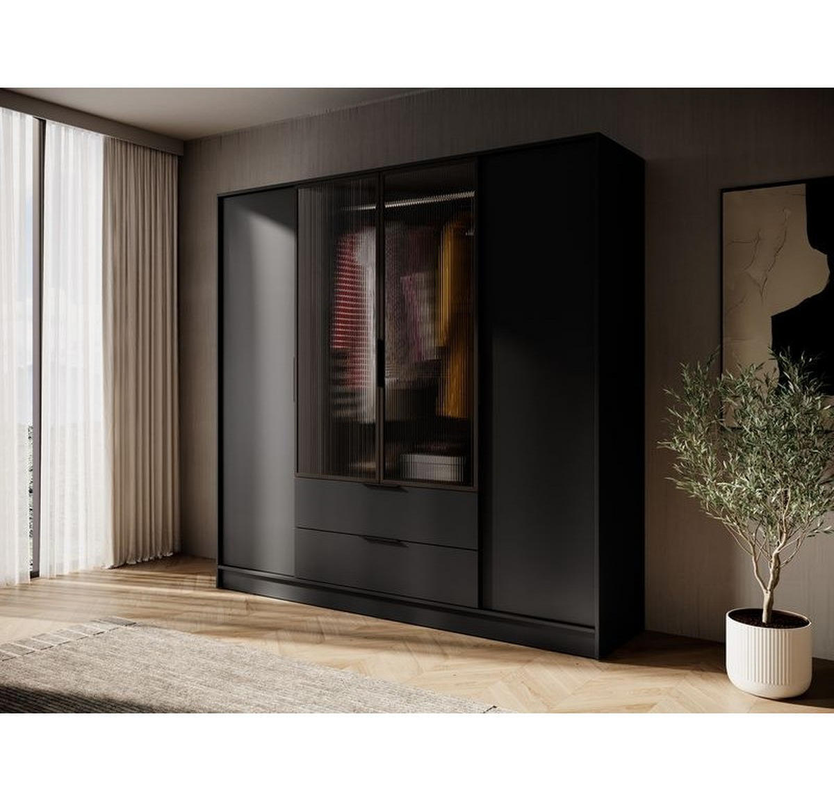 KLEIDERSCHRANK – 206 cm – Kelly – Schwarz – KS-GEN0266 - Schwarz, Holzwerkstoff (206/200/51cm) - hi-markt