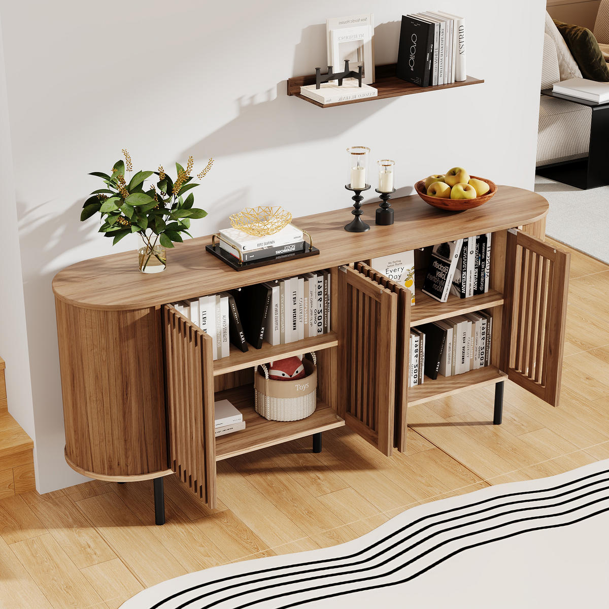 SIDEBOARD 160x40x70cm Naturholz mit 4 Schiebetüren - Naturfarben, Holzwerkstoff (160/70/40cm) - FLIEKS