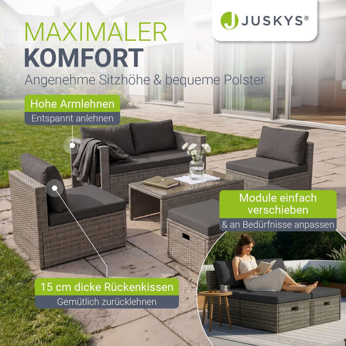 LOUNGEGARNITUR Salou inkl. Abdeckung grau - Grau, Kunststoff - Juskys