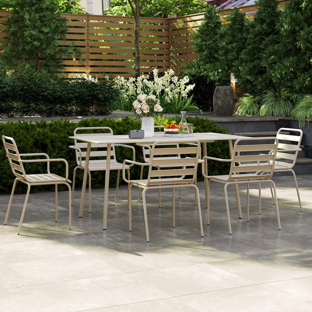 GARTENTISCHGRUPPE DE-18100 7-teilig, stapelbar Beige - Beige, Metall - ComfortXL