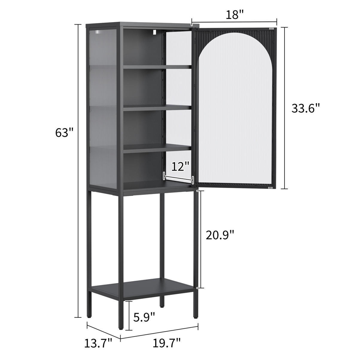 VITRINE 50/35/160 cm in Schwarz aus Metall und Glas mit verstellbaren Böden - Schwarz, Glas (50/160/35cm) - Flora Grace