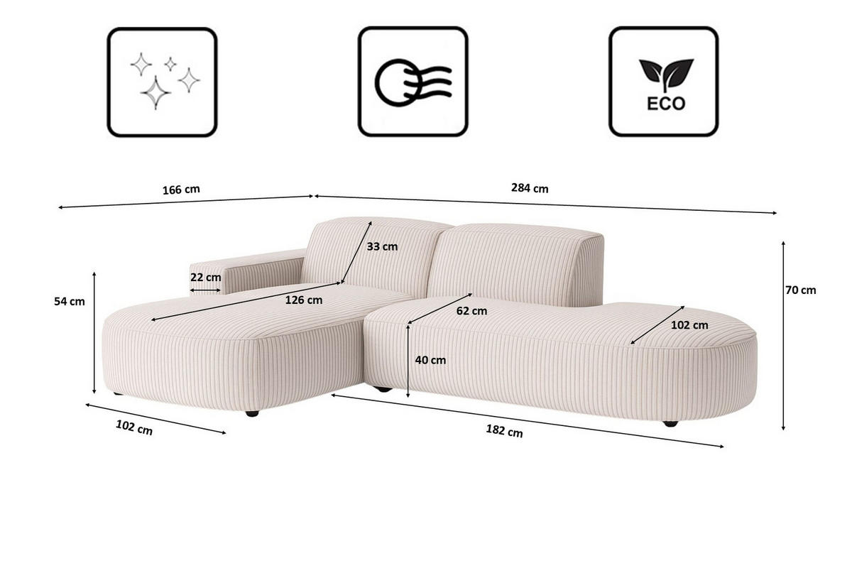 ECKSOFA Cursal Atelier, Stoff Poso, Beige, Links - Creme, Holz (284/166cm) - Kaiser Möbel