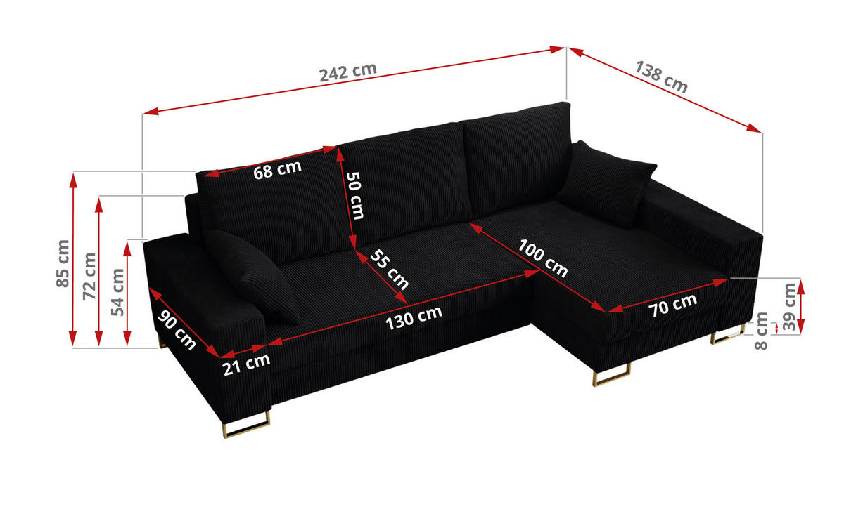 ECKSOFA Dorian Cord Schwarz - Goldfarben/Schwarz, Textil/Metall (242/138cm) - MKS